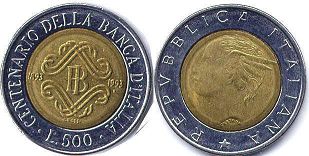 монета Италия 500 лир 1993