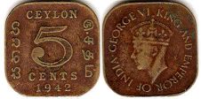 монета Цейлон 5 центов 1942