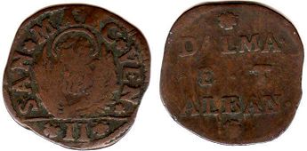 монета Венецианская Албания 2 сольди 1691