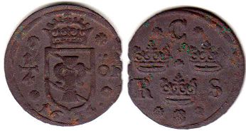 монета Швеция 1/4 эре 1634