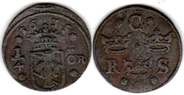 монета Швеция 1/4 эре 1635