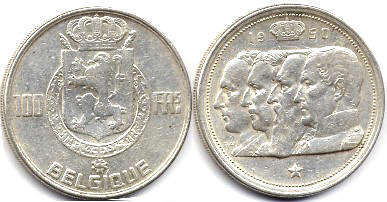 монета Бельгия 100 франков 1950