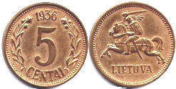 монета Литва 5 центов 1936