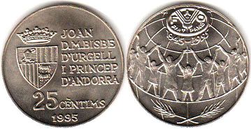 монета Андорра 25 сантимов 1995