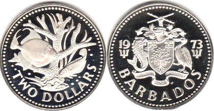 монета Барбадос 2 доллара 1973