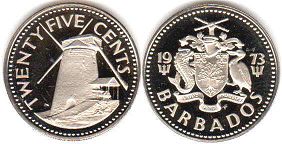 монета Барбадос 25 центов 1973