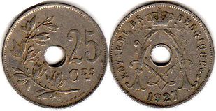 монета Бельгия 25 сантимов 1927