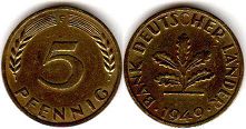 монета ФРГ 5 пфеннигов 1949