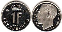 монета Люксембург 1 франк 1991