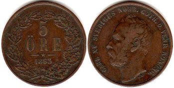 монета Швеция 5 эре 1863