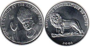 монета Конго 1 франк папа Иоанн Павел II 2004