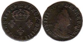 монета Франция 4 денье 1696