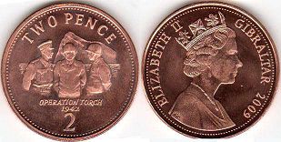 монета Гибралтар 2 пенса 2009
