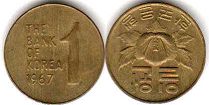 монета Южная Корея 1 вона 1967