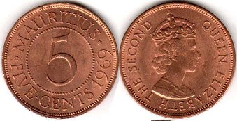 монета Маврикий 5 центов 1969