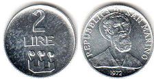 монета Сан-Марино 2 лиры 1972
