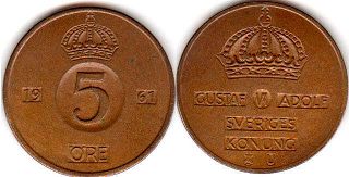 монета Швеция 5 эре 1961