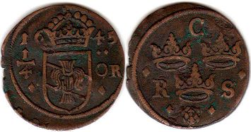 монета Швеция 1/4 эре 1645