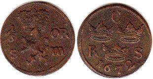 монета Швеция 1/6 эре 1672