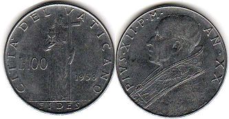 монета Ватикан 100 лир 1958