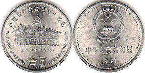 монета Китай 1 юань 1991