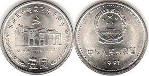 монета Китай 1 юань 1991