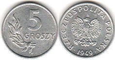 монета Польша 5 грошей 1949