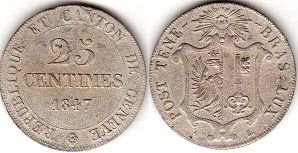 монета Женева 25 сантимов 1847