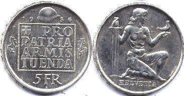 монета Швейцария 5 франков 1936