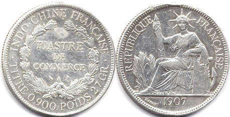 монета Французский Индокитай 1 пиастр 1907