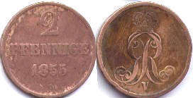 монета Ганновер 2 пфеннига 1855