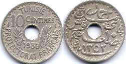 монета Тунис 10 сантимов 1933