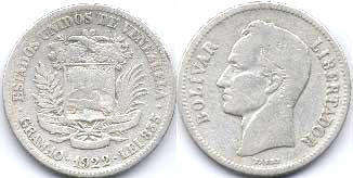 монета Венесуэла 2 боливара 1922