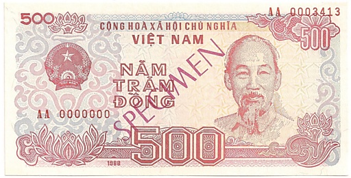 Вьетнам банкнота 500 донгов 1988 specimen, 500₫, лицо