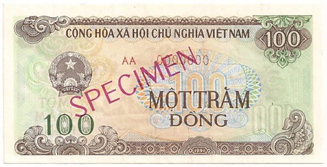 Вьетнам банкнота 100 донгов 1991 specimen, 100₫, лицо