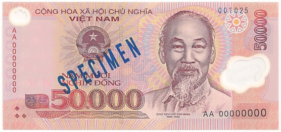 Вьетнам Полимерные 50 000 донгов банкнота specimen, 50000₫, лицо