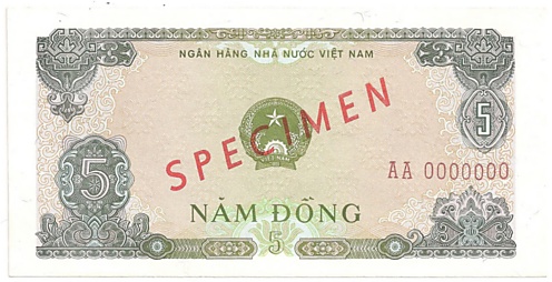 Вьетнам банкнота 5 донгов 1976 specimen, лицо