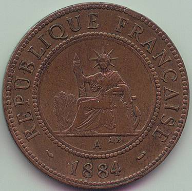 Французская Кохинхина 1 Cent 1884 монета, аверс