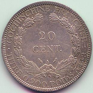 Французская Кохинхина 20 центов 1884 серебро монета, реверс