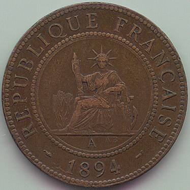 Французский Индокитай 1 Цент 1894 монета, аверс