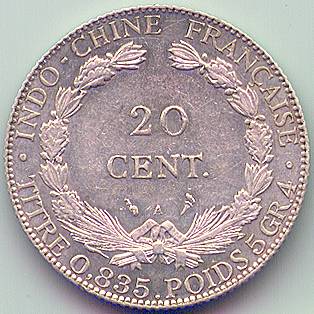 Французский Индокитай 20 центов 1902 серебро монета, реверс