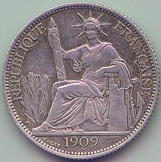 Французский Индокитай 20 центов 1909 серебро монета, аверс