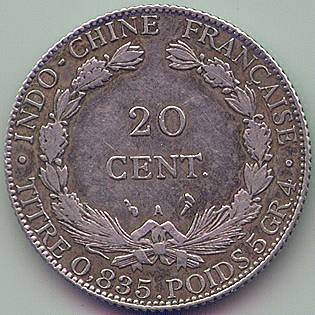 Французский Индокитай 20 центов 1909 серебро монета, реверс