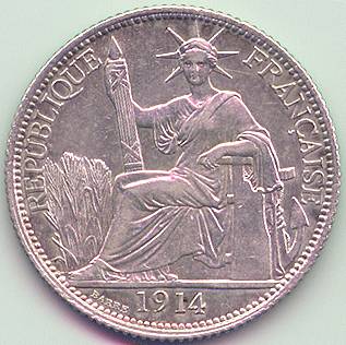Французский Индокитай 20 центов 1914 серебро монета, аверс
