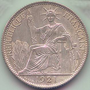 Французский Индокитай 20 центов 1921 серебро монета, аверс