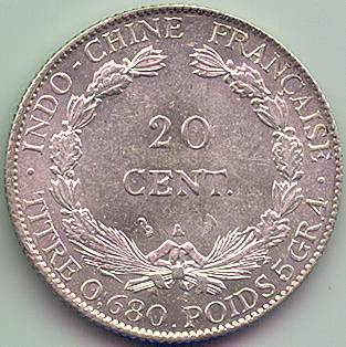 Французский Индокитай 20 центов 1930 серебро монета, реверс