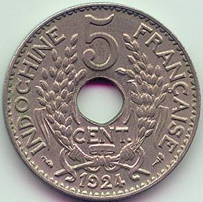 Французский Индокитай 5 центов 1924 монета, реверс