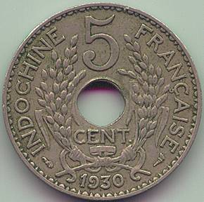 Французский Индокитай 5 центов 1930 монета, реверс