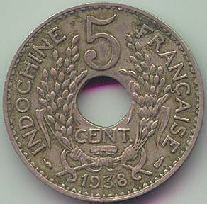 Французский Индокитай 5 центов 1938 монета, реверс