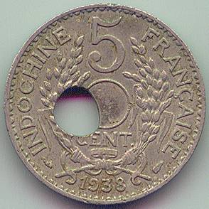Французский Индокитай 5 центов 1938 ошибка монета, реверс